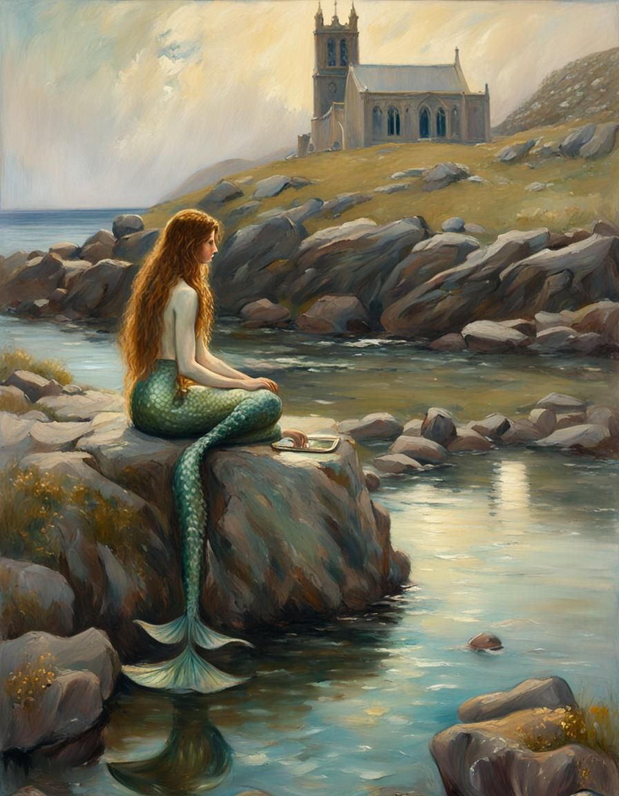 Mermaid with Mirror in Pre-Raphaelite Style