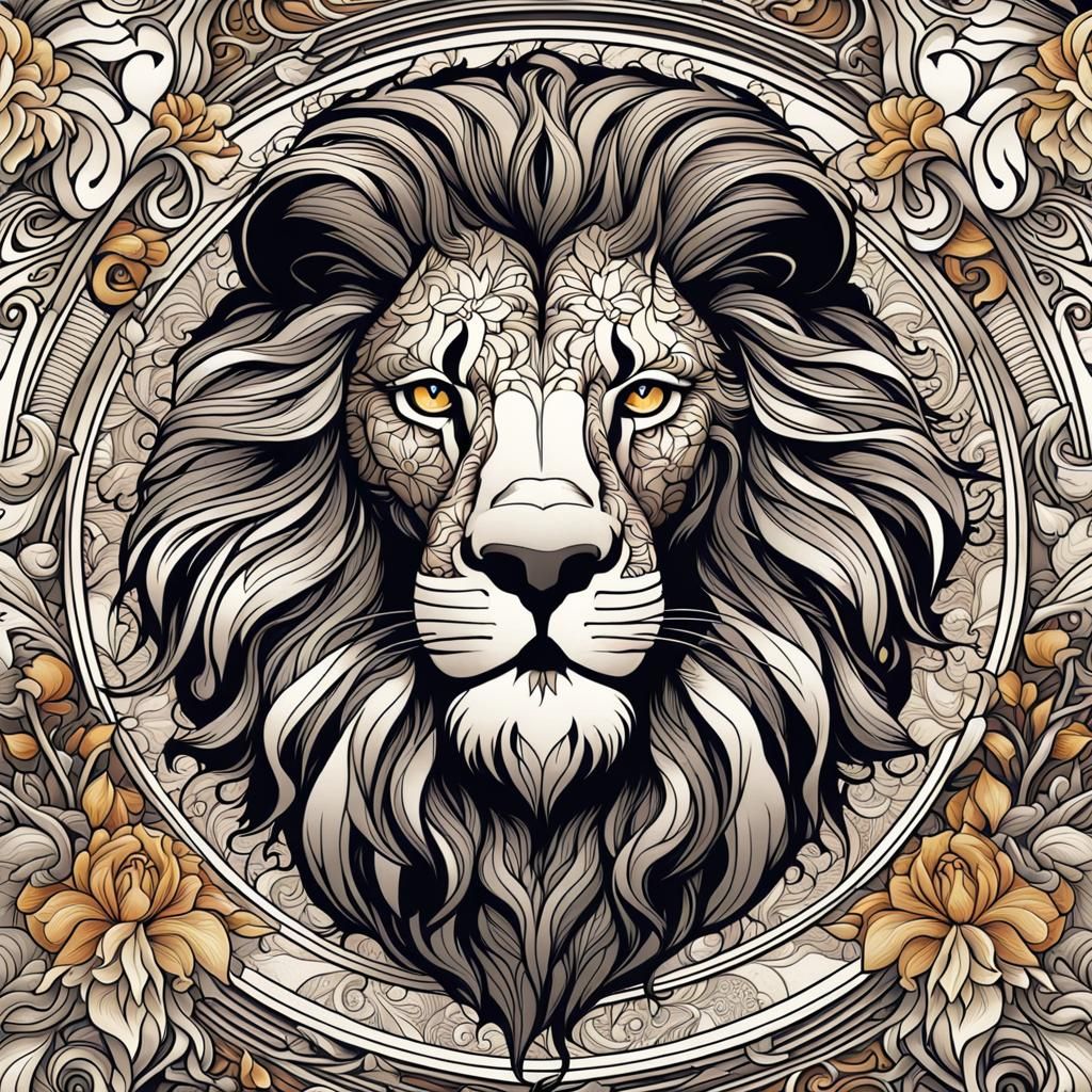 Majestic Lion Portrait in Art Nouveau Style
