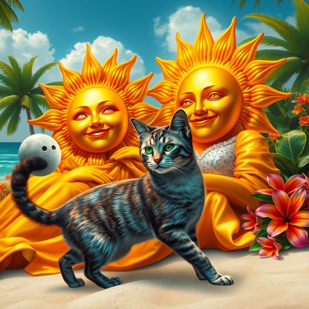 Sun, Moon, and Iridescent Cat on a Beach