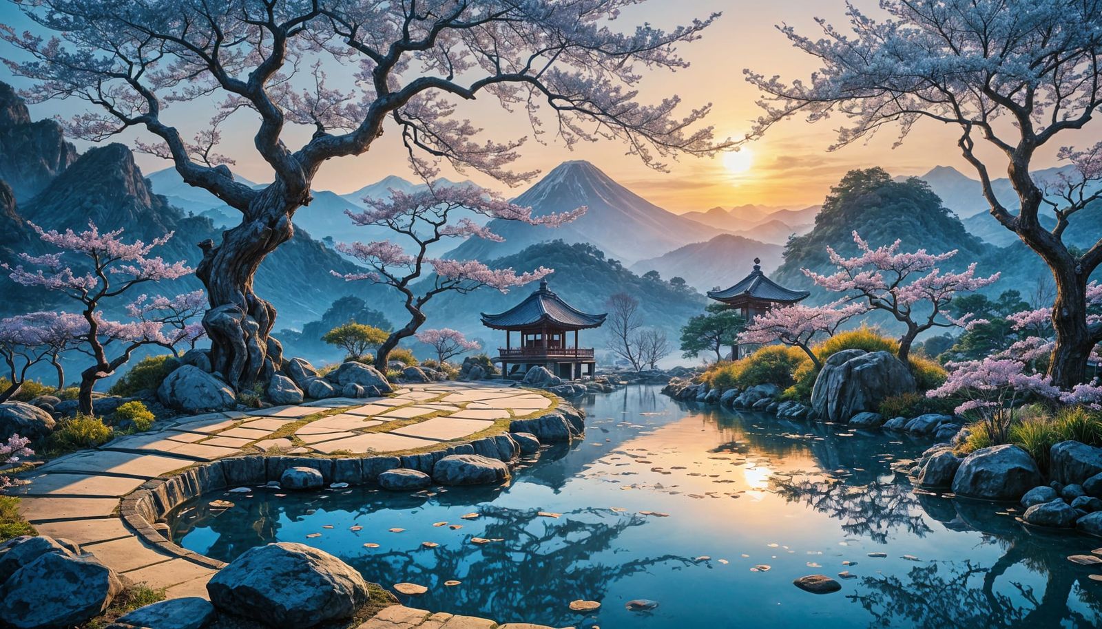 Surreal Japanese Zen Garden in Ink and Watercolor