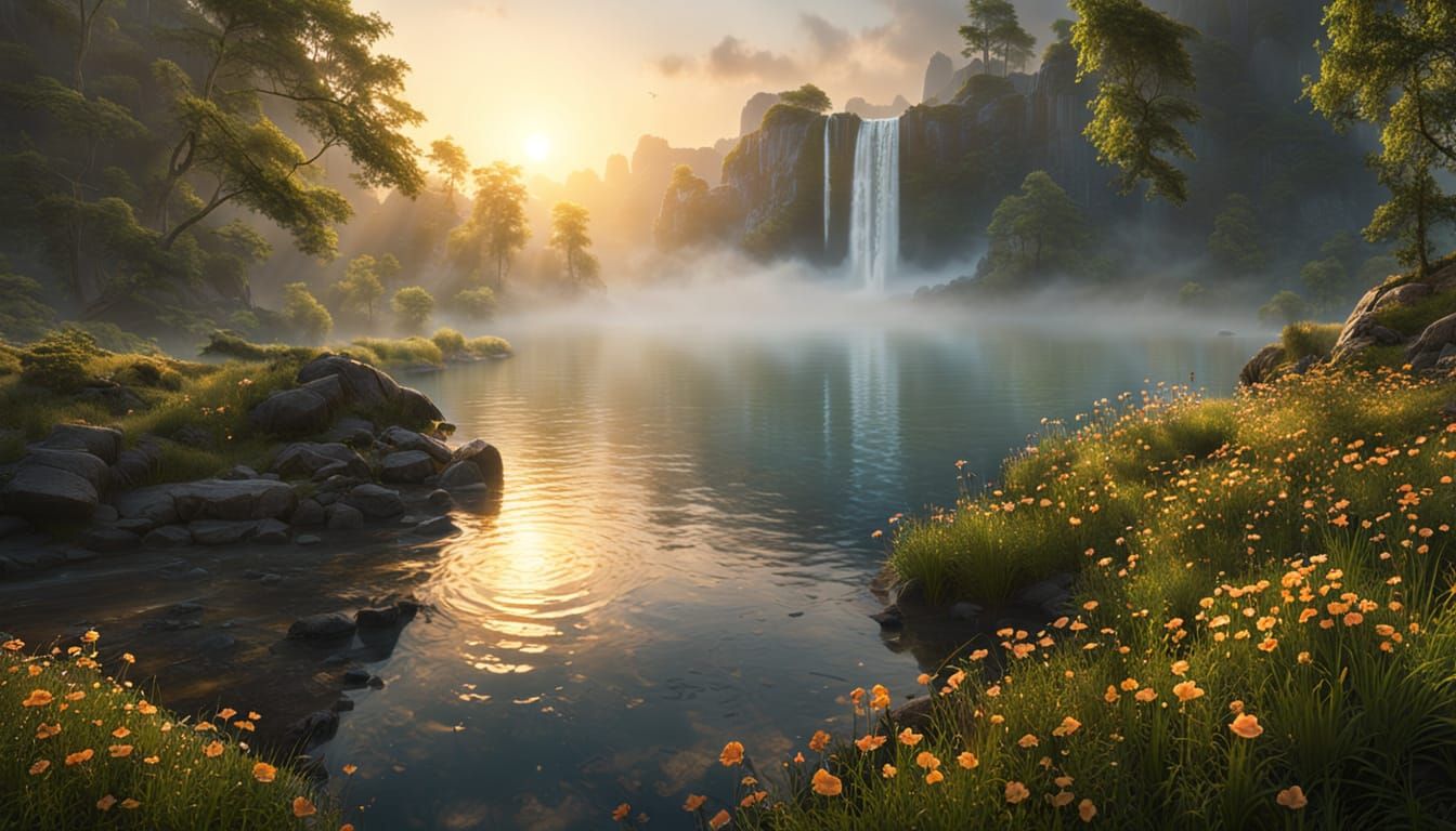 Serene Fantasy Landscape with Waterfall and Ruins