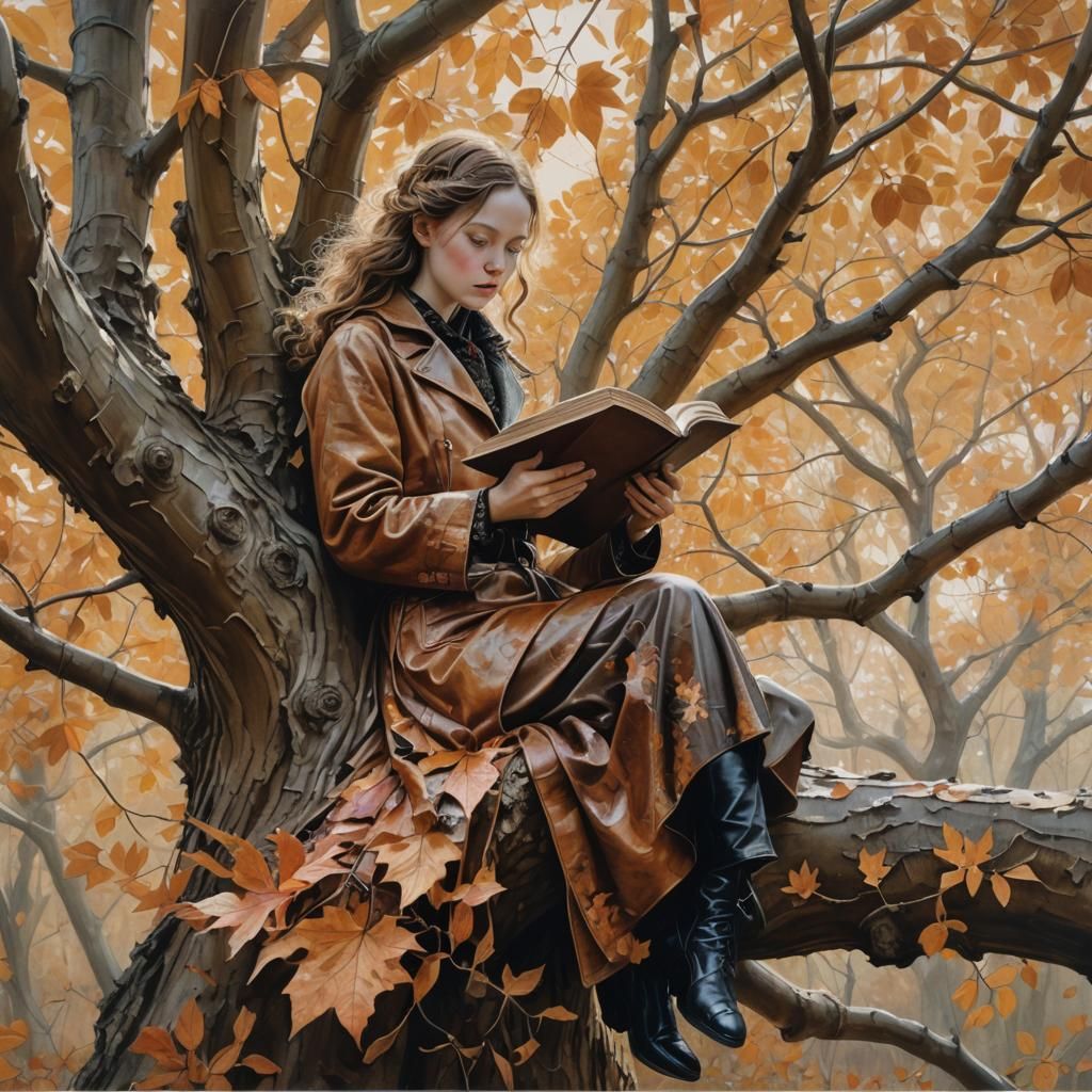 Girl Reading Book on Tree Branch in Hyper-Realistic Style