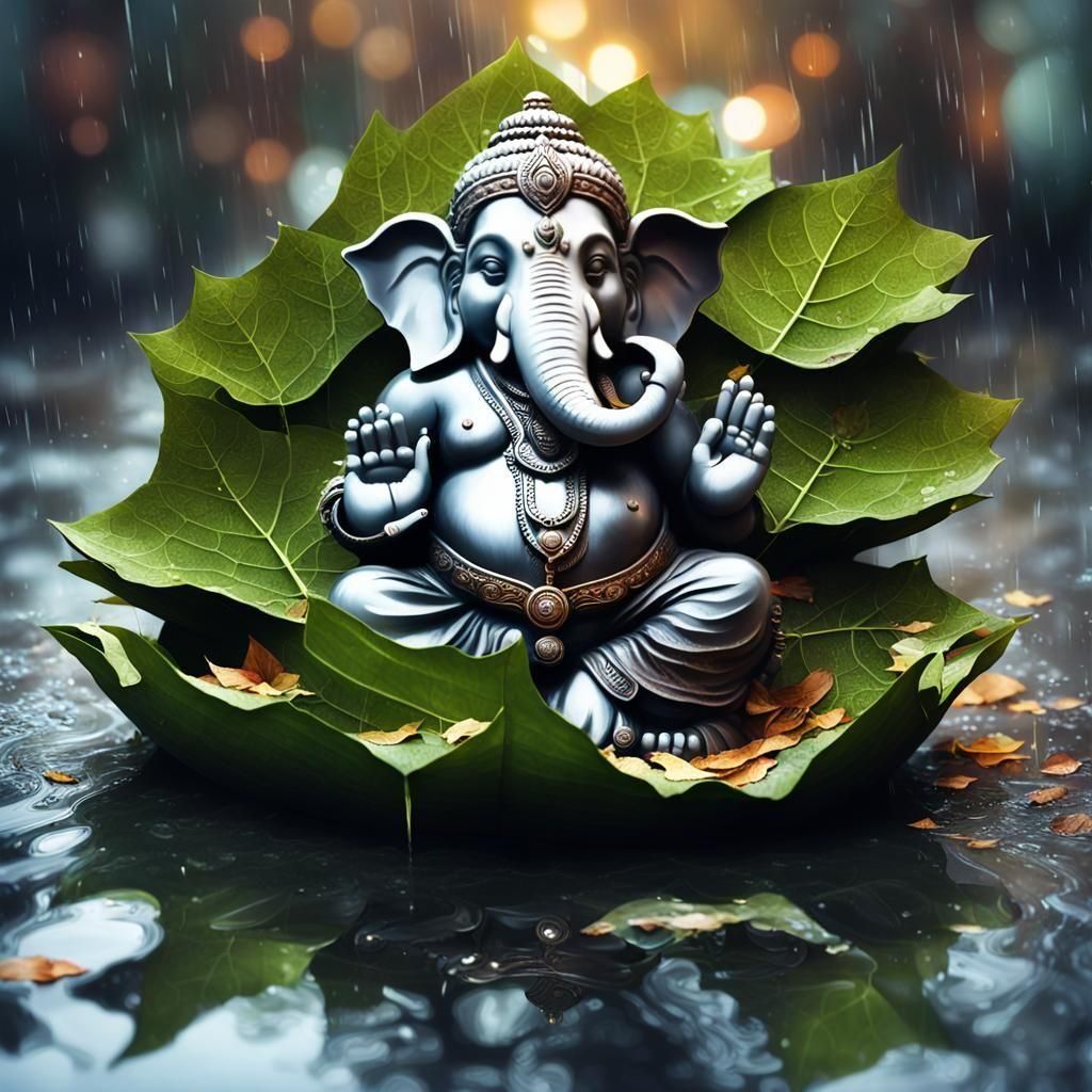 Ganesha in Leaf Boat on Rainy Day: Hyperrealistic Digital Ar...