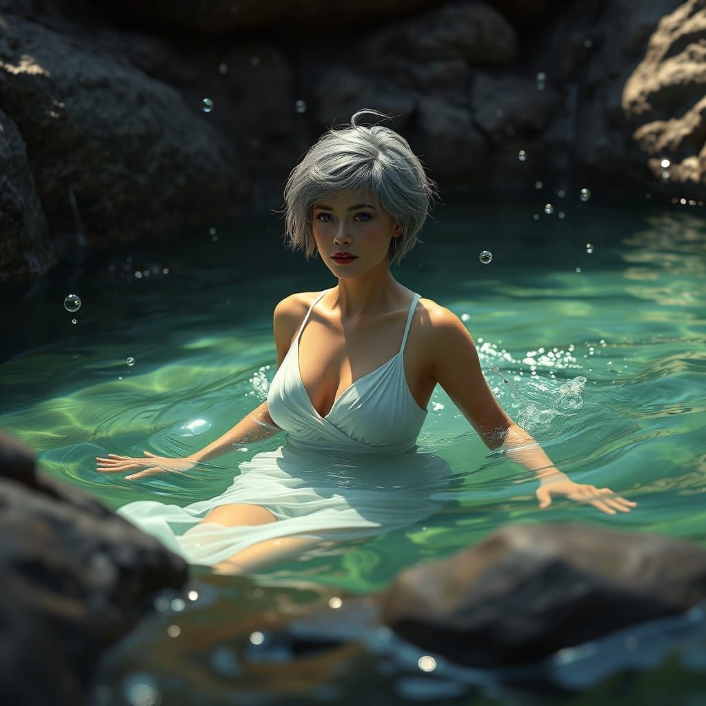 Regal Lady in Serene Rock Pool Surrounds with Green Waves