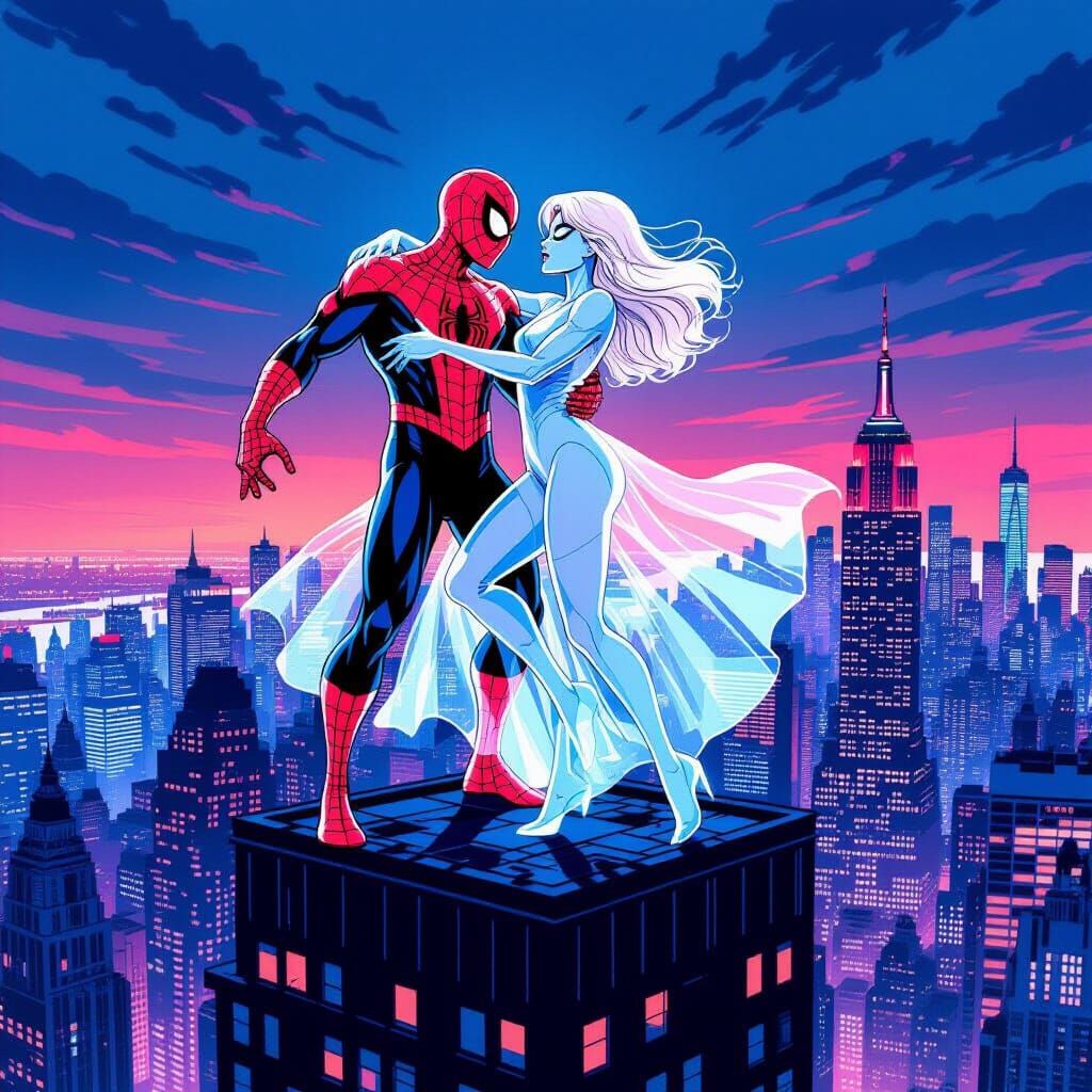 Spiderman & Gwen Stacy Ghost Dance in Retro Comic Style