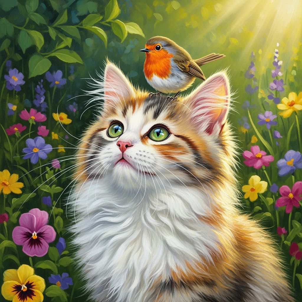 Fluffy Kitten with Robin in Garden Oil Painting