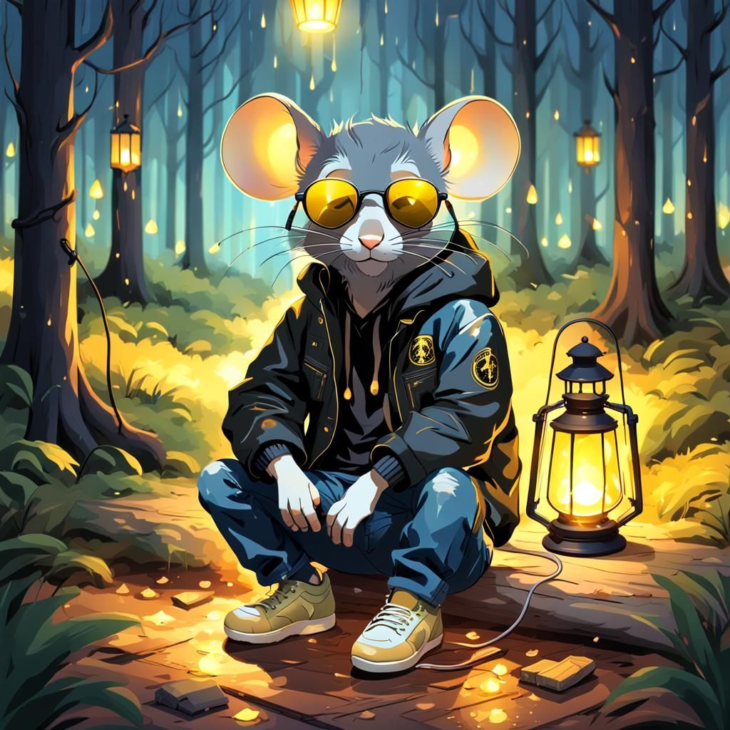 Mouse in Black Jacket in Forest Scene