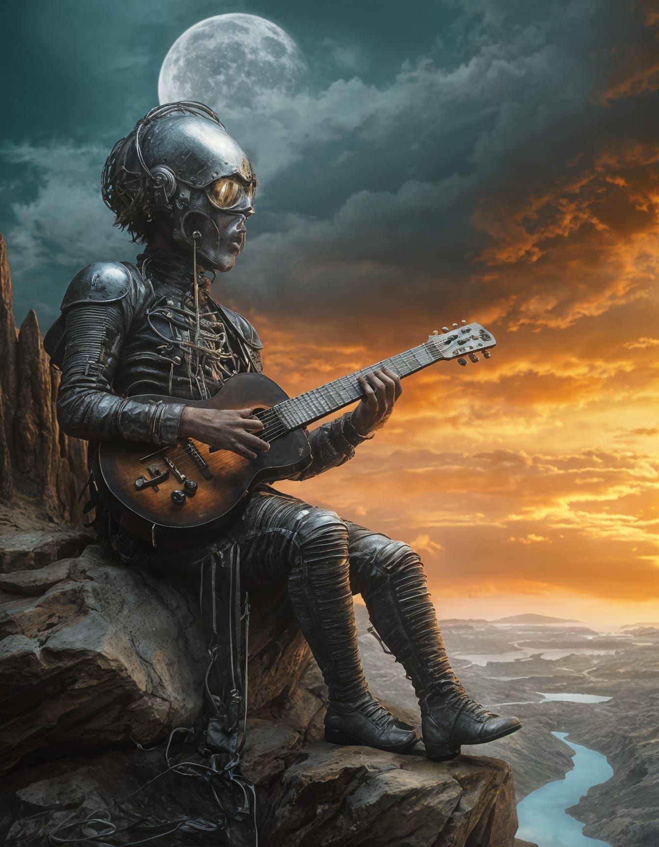 Boy Plays Guitar in Eerie Fantasy World with Moonlit Castles