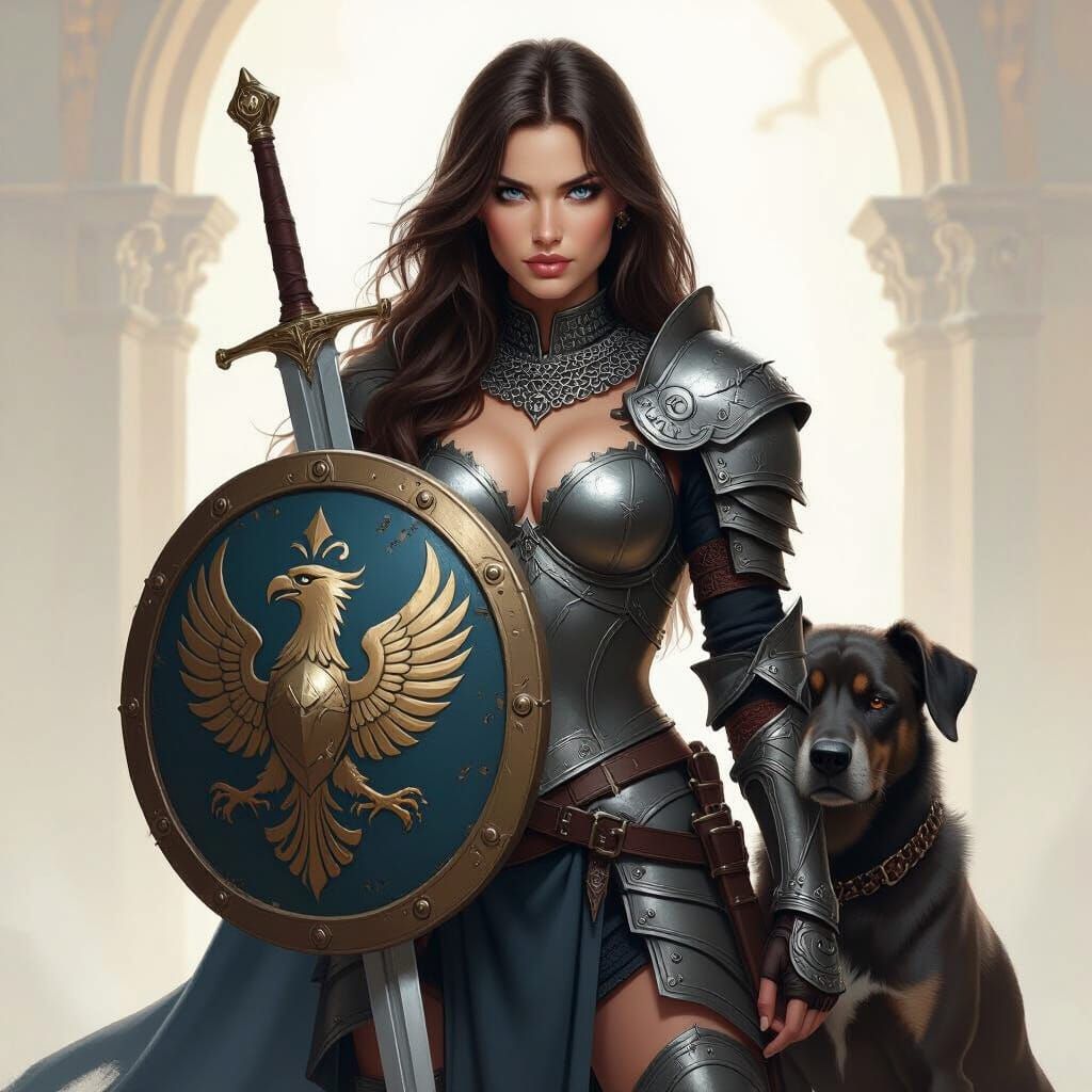 Female Warrior with Griffon Shield and Hellhound