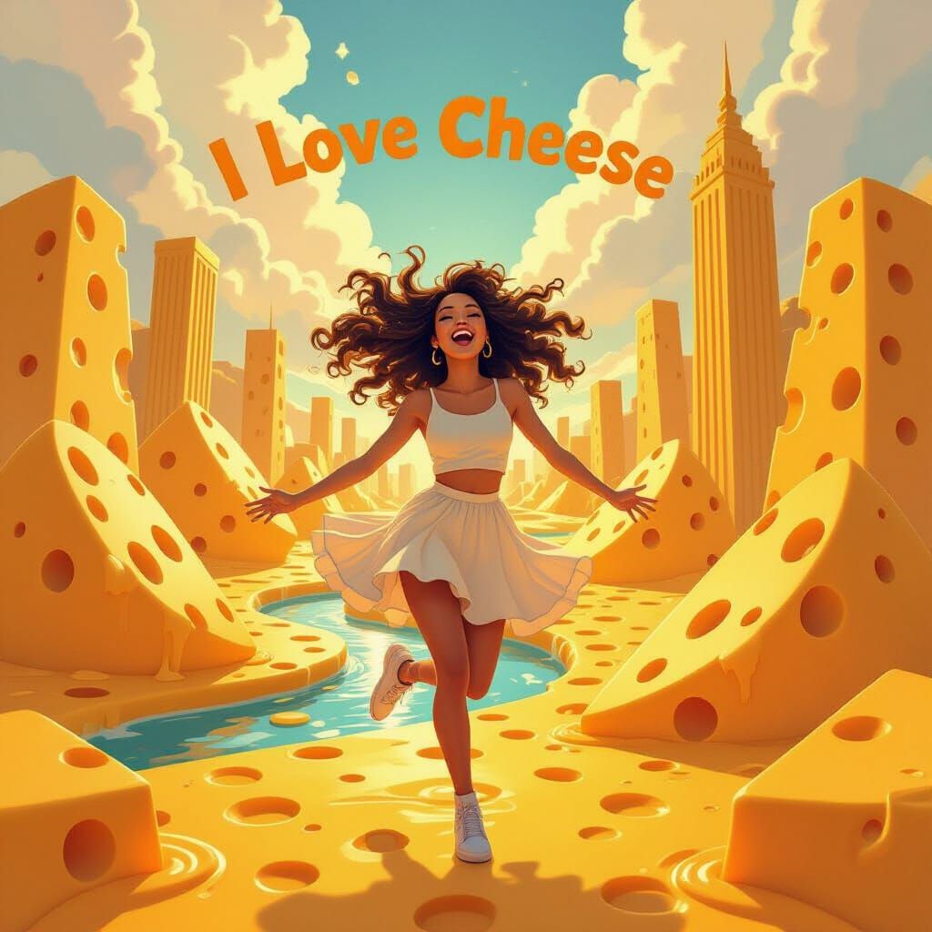 Joyful Woman Dances in Surreal Cheese World
