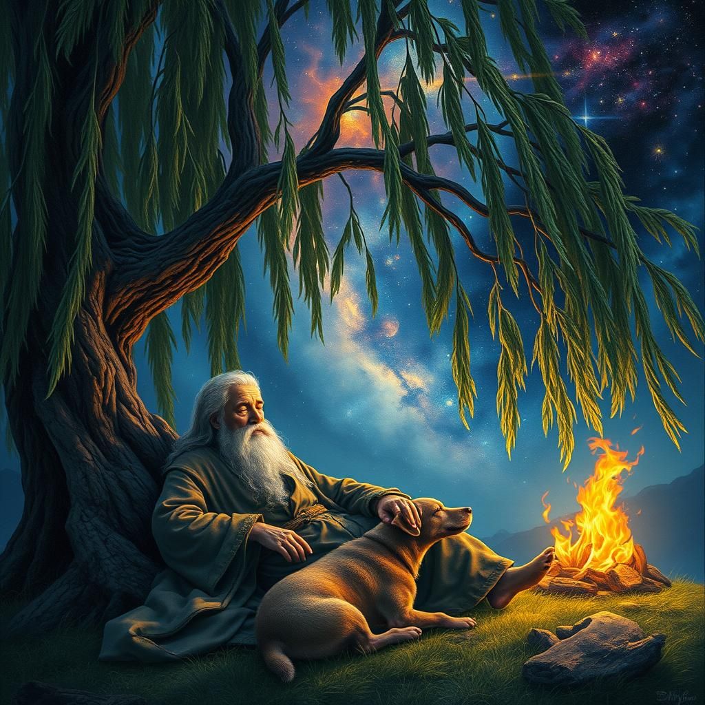 Medieval Man and Dog Under Cosmic Willow Tree
