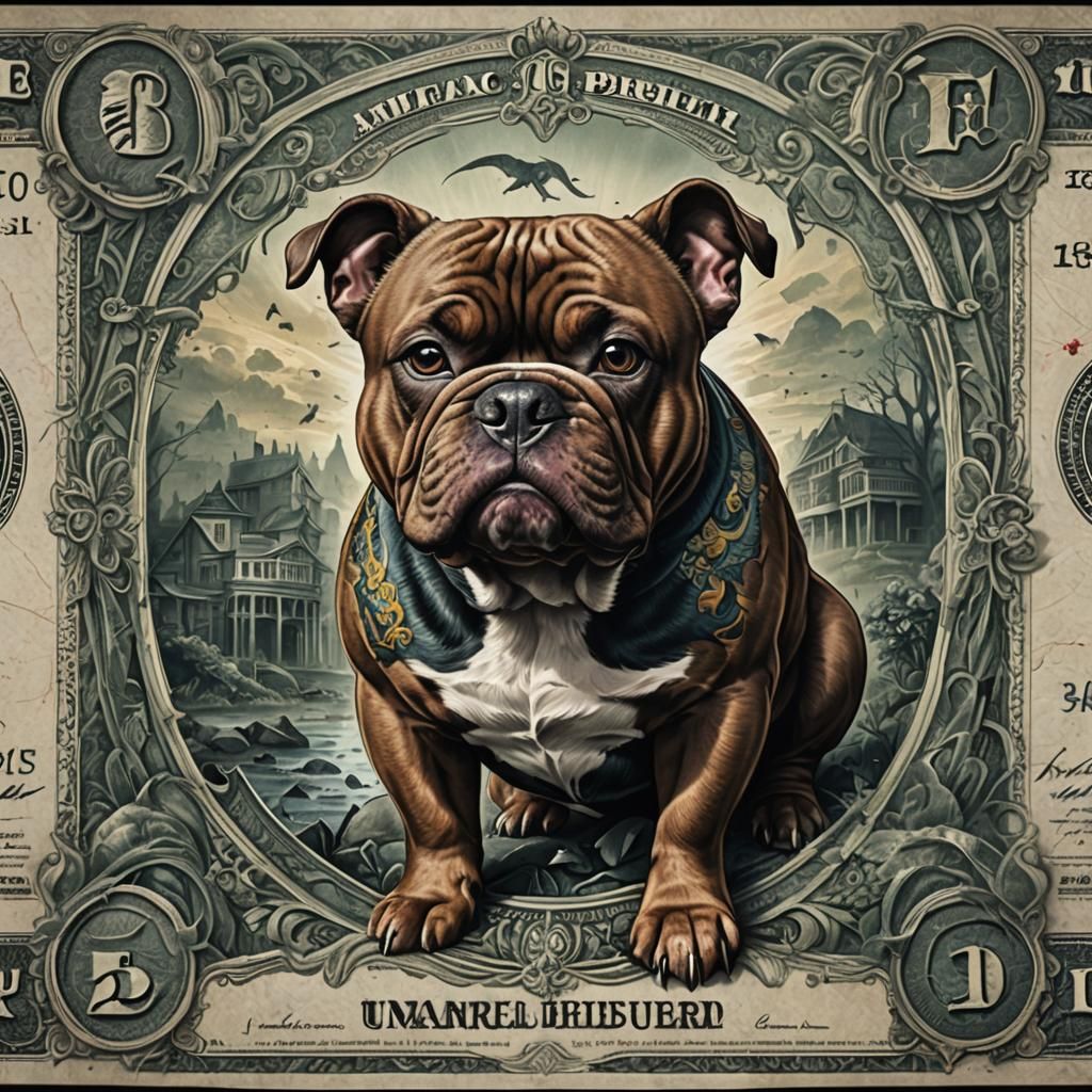 American Bully on Art Banknote in Detailed Matte Painting