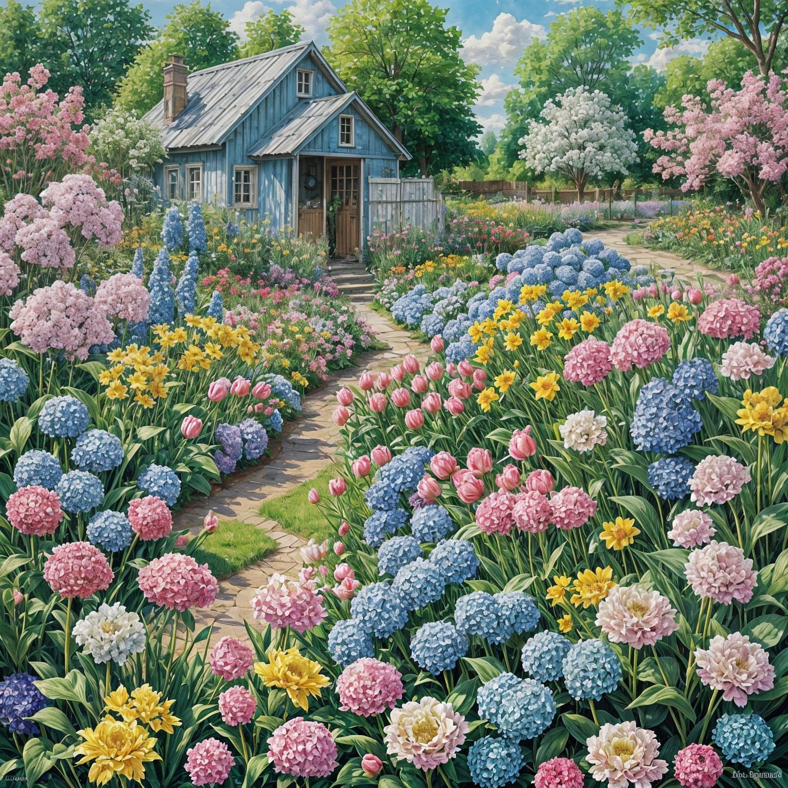Naïf Garden Shed with Hydrangeas in Gouache Style