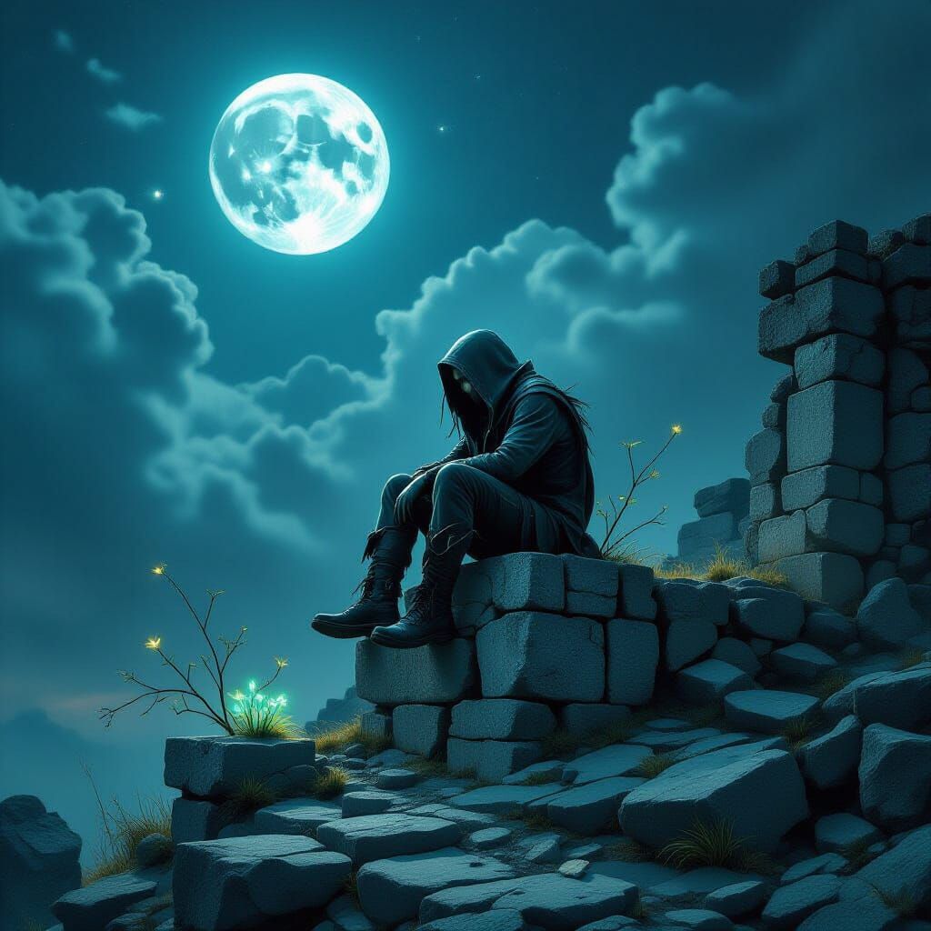 Punk Hermit on Ancient Ruins Under Twin Moons