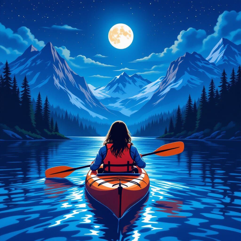 Kayaking Under the Moon: Hyperrealistic Comic Book Art