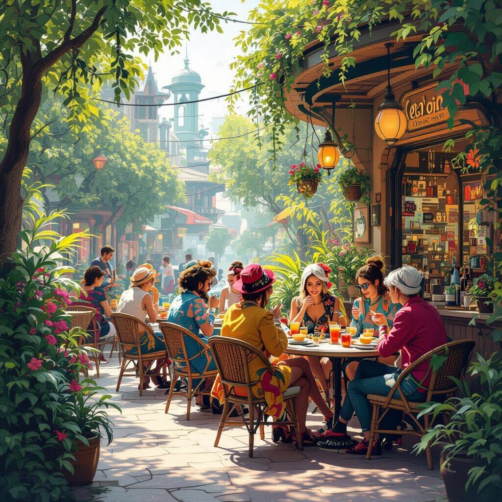 Whimsical Cafe Scene in Futuristic Style
