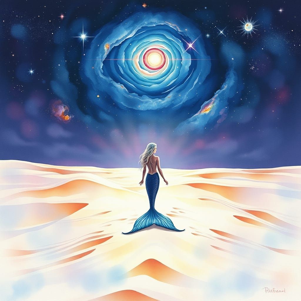 Surreal Mermaid Stranded in Arid Desert Watercolor