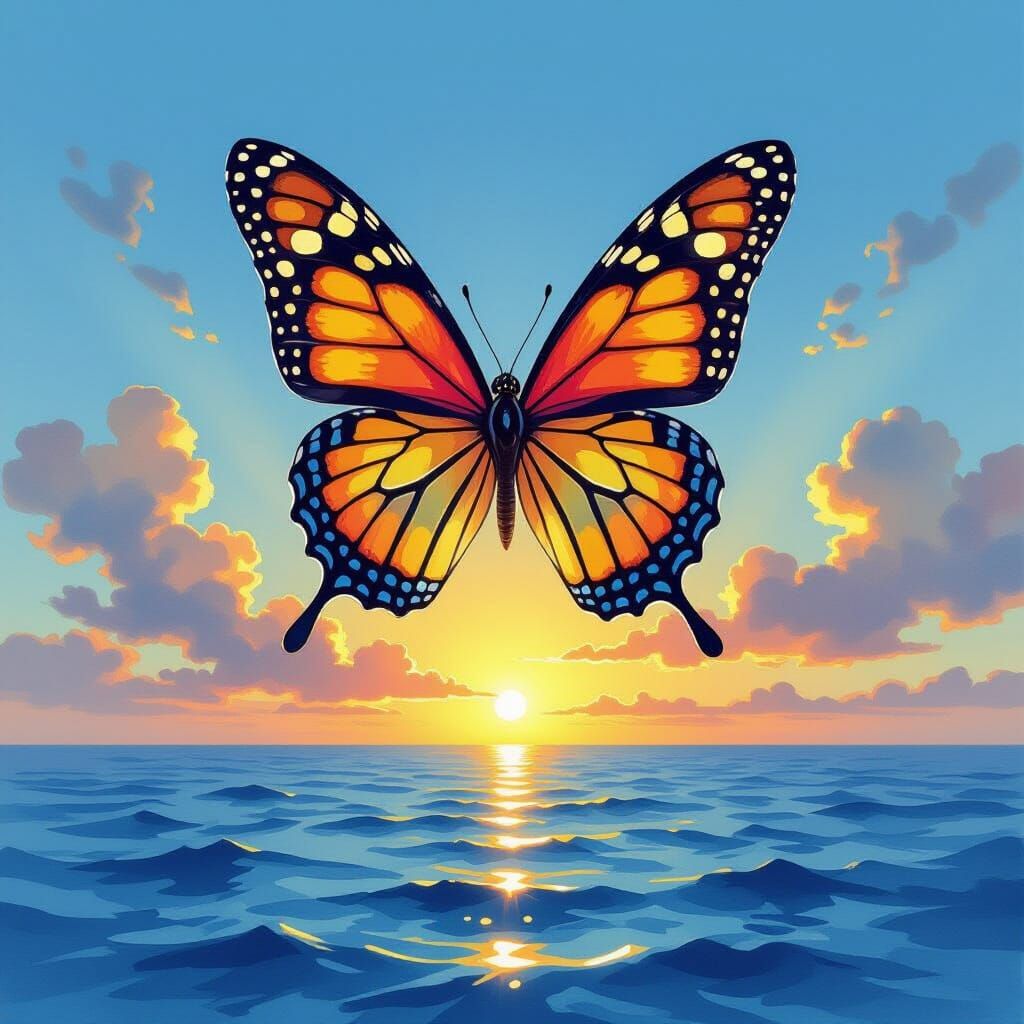 Vivid Butterfly Soars Over Ocean at Golden Hour