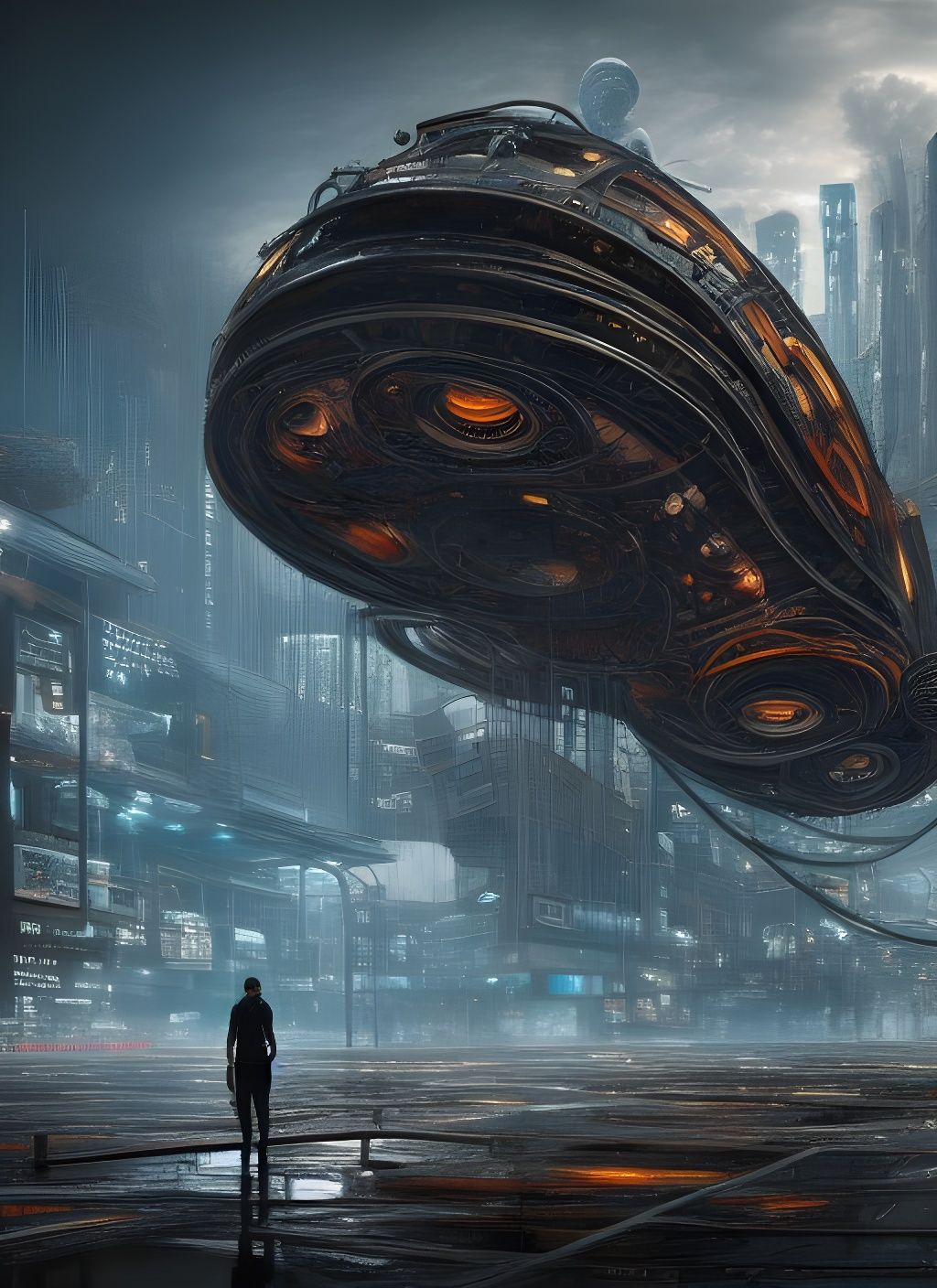 Biomorphic Cyberpunk Metropolis: Detailed Digital Painting