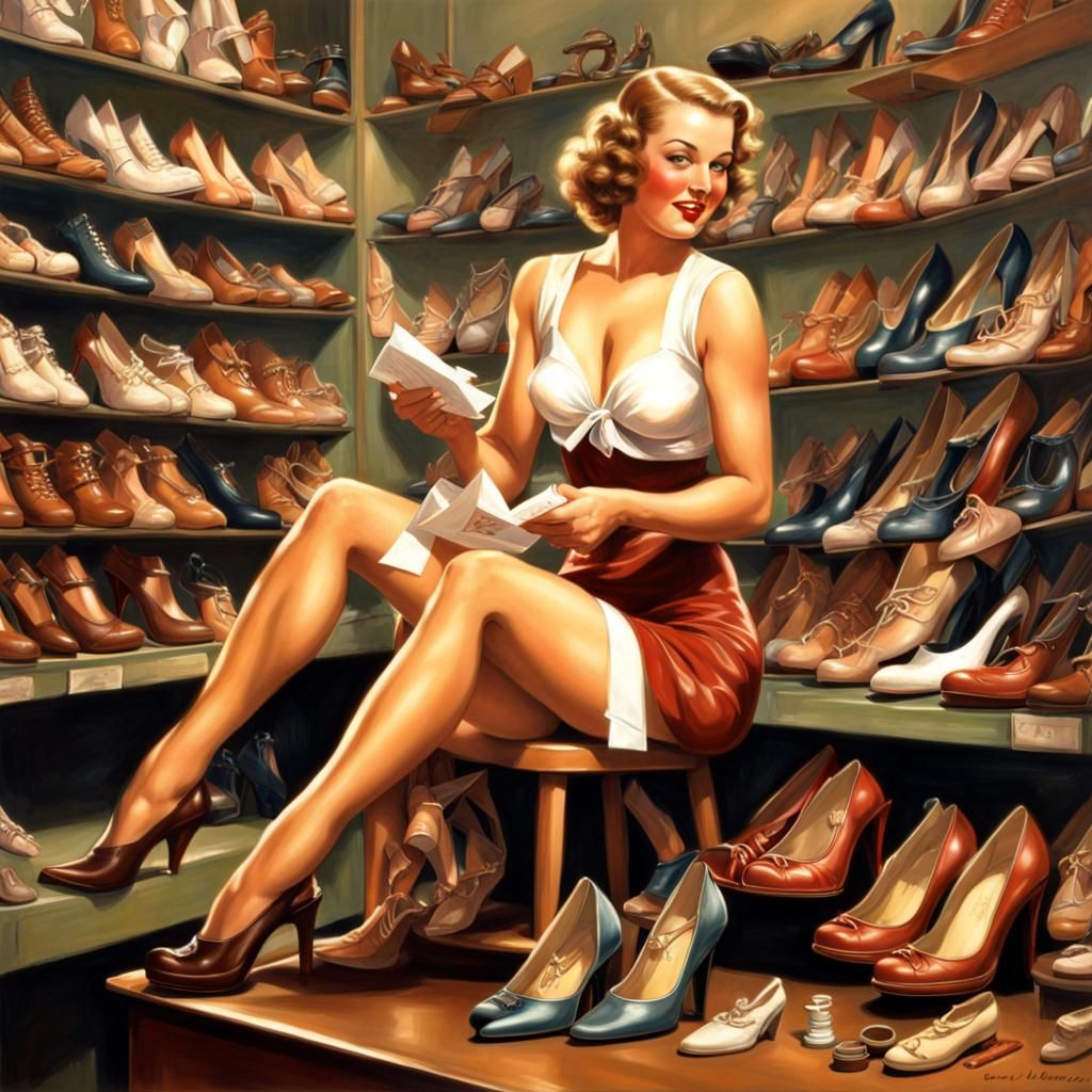 1930s Pin-Up Girl in Shoe Store: Hyperrealistic Art