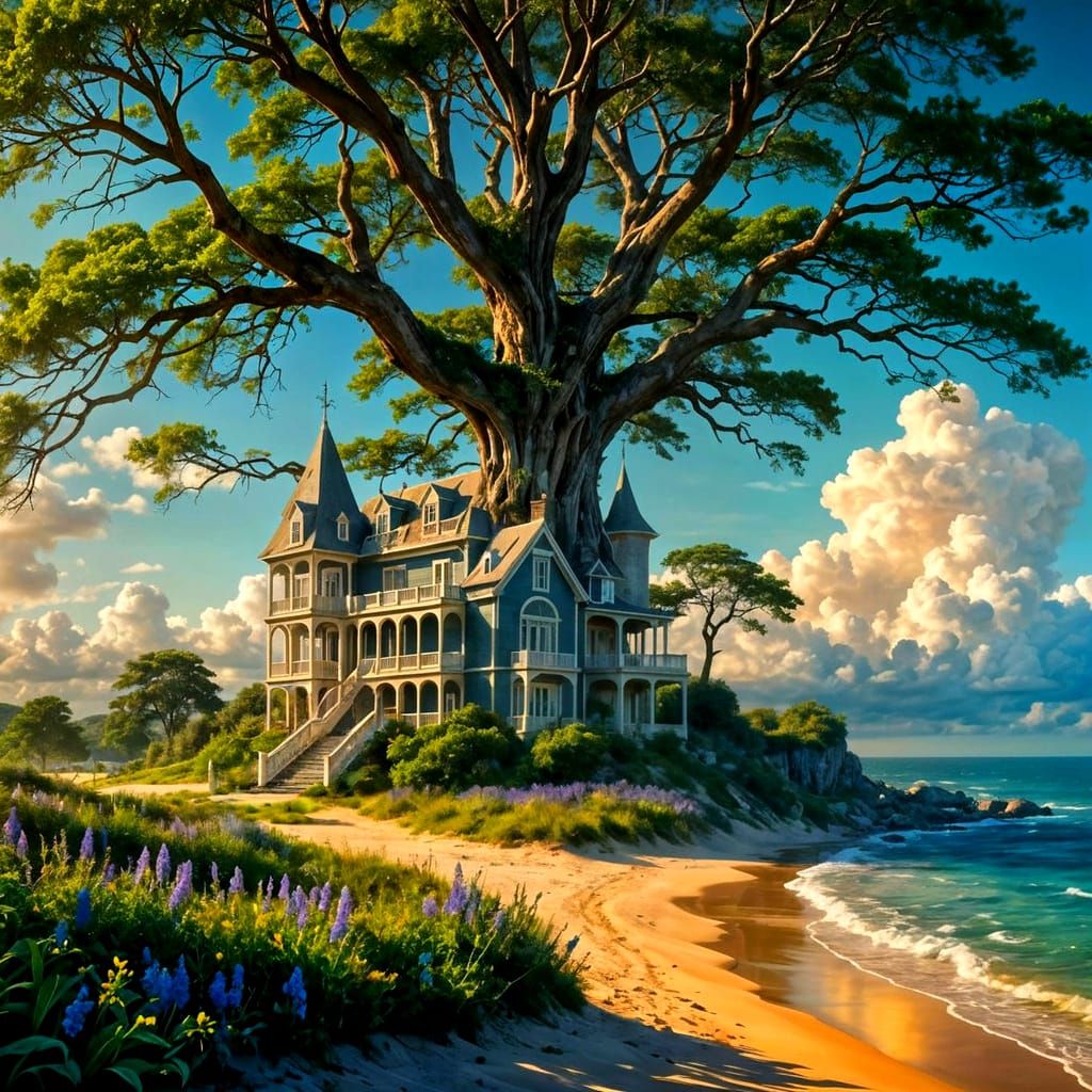 Ethereal Blue Mansion Amidst Vibrant Wildflowers and Golden ...