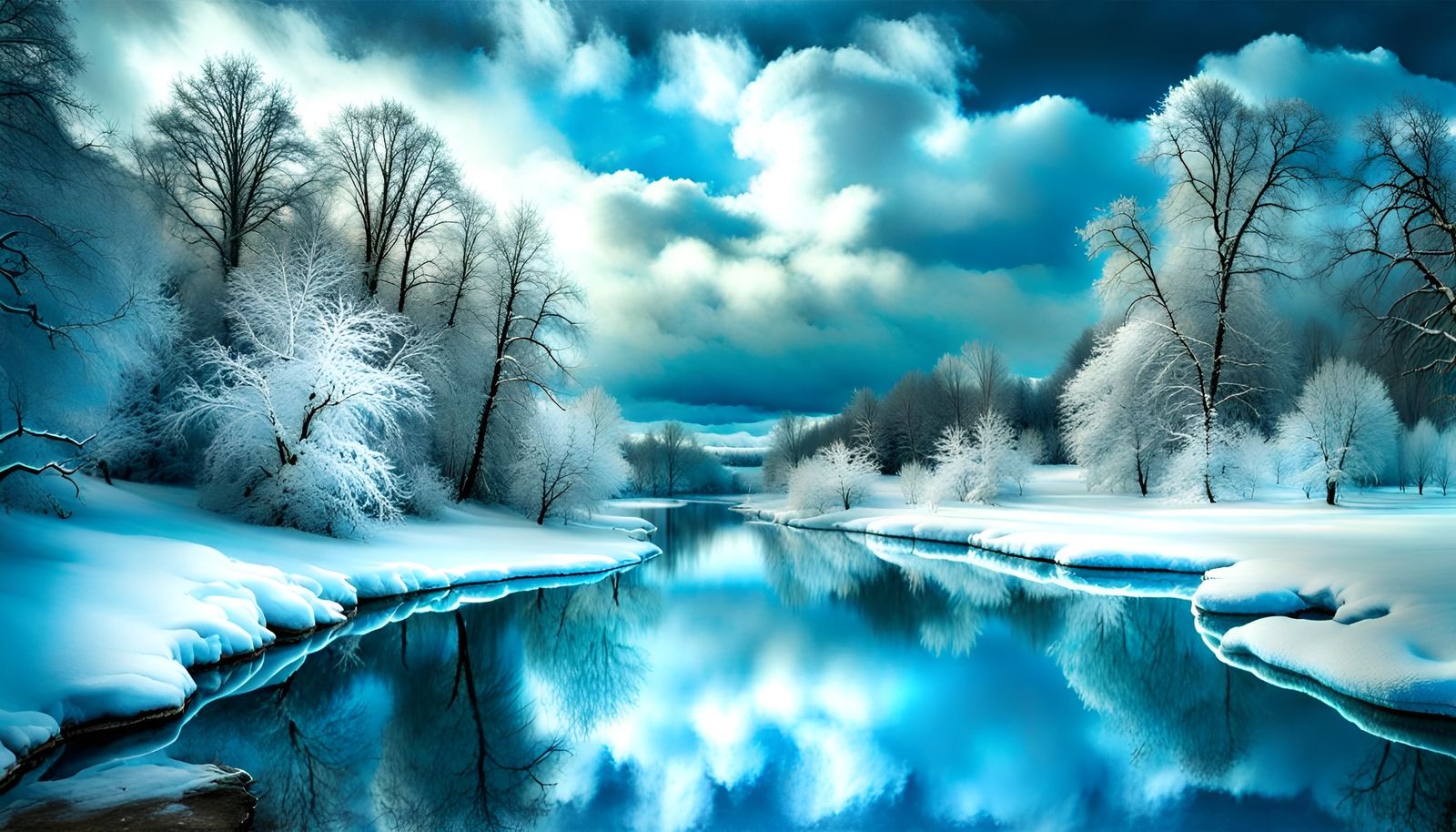 Winter River Landscape in Watercolor Style