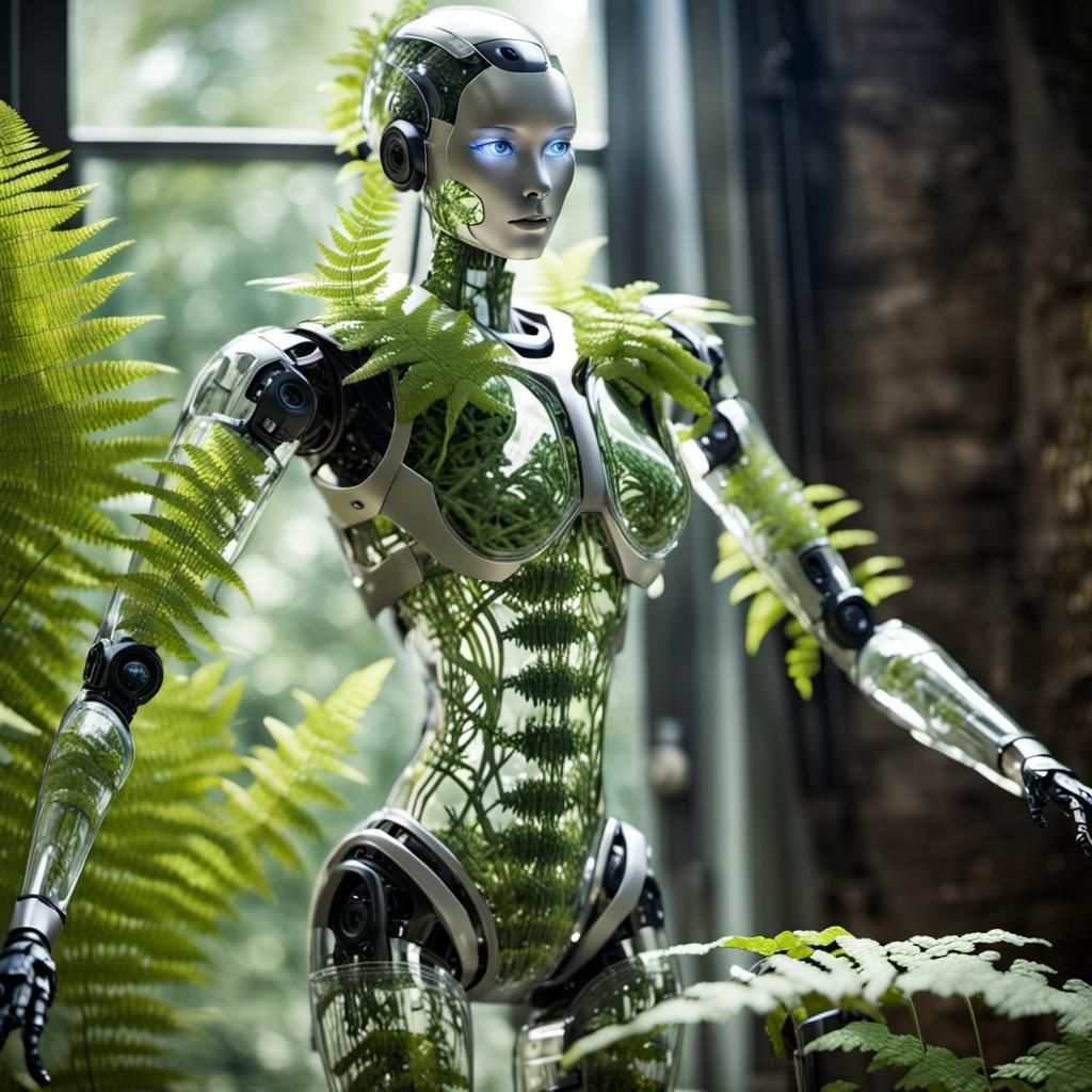 Glass Robot with Plants in Sunlight