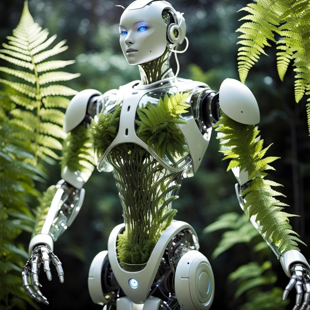 Glass Robot with Living Plants Inside