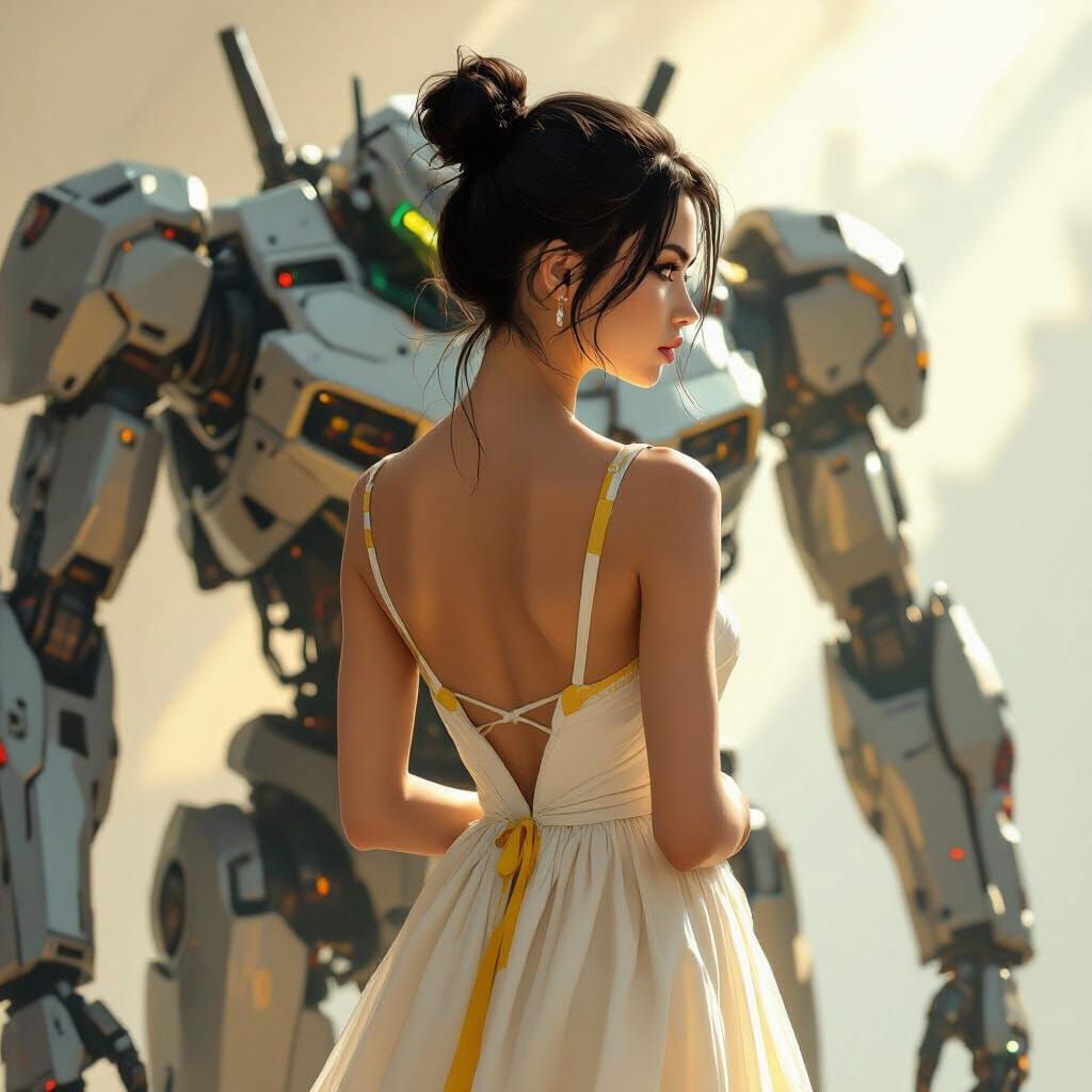 Woman Watches Combat Robot Assembly in Dramatic Lighting