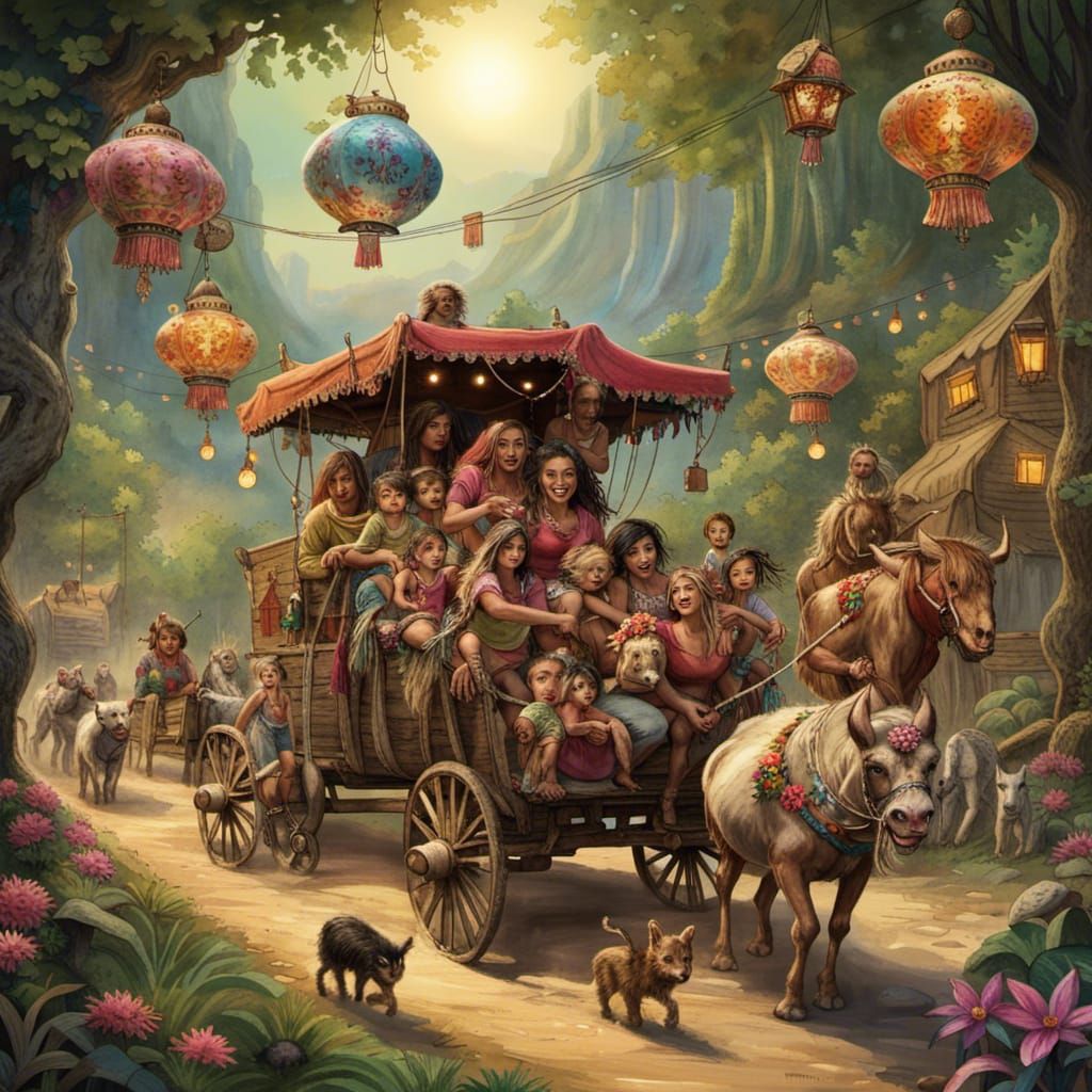 Elf Family Journey in a Jungle Caravan