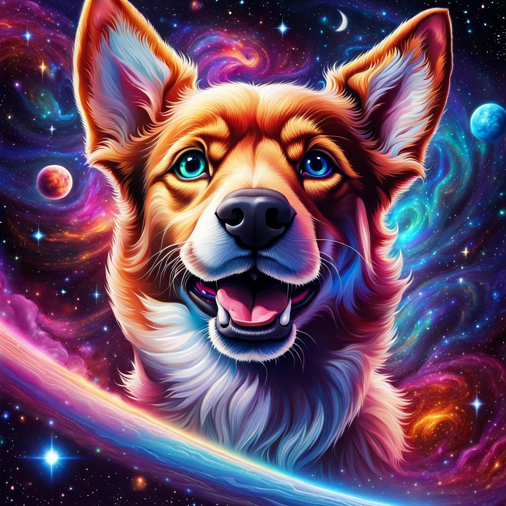 Cute Dog Floating in Space in Astral Style
