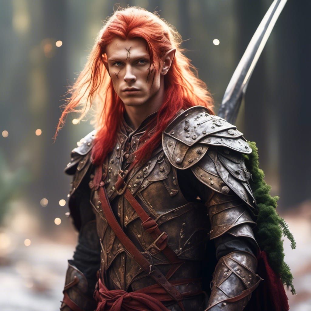 Hyperrealistic Red-Haired Elf Warrior in Forest