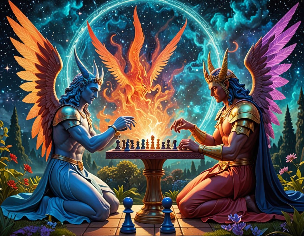 God and Lucifer Play Chess in Celestial Garden Toon Art