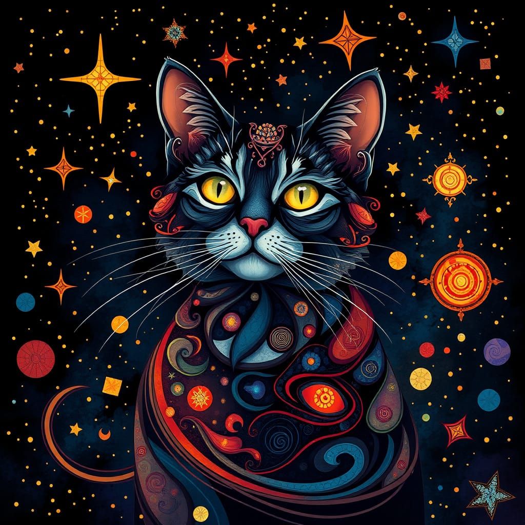 Elegant Cat in Starry Night: Kandinsky-Inspired Abstract Art
