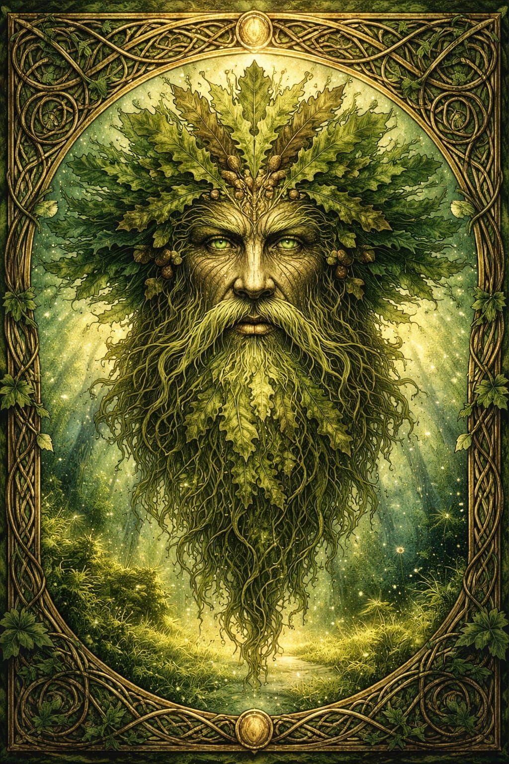 Art Nouveau Green Man Illustration with Celtic Knotwork