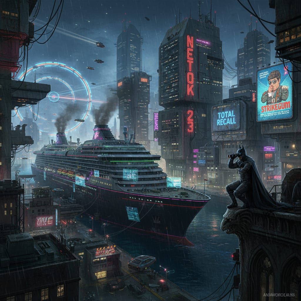 Cyberpunk Cruise Ship in Futuristic City Port at Night