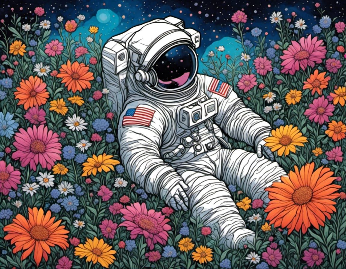 An astronaut lying in a garden of flowers. The universe is r...