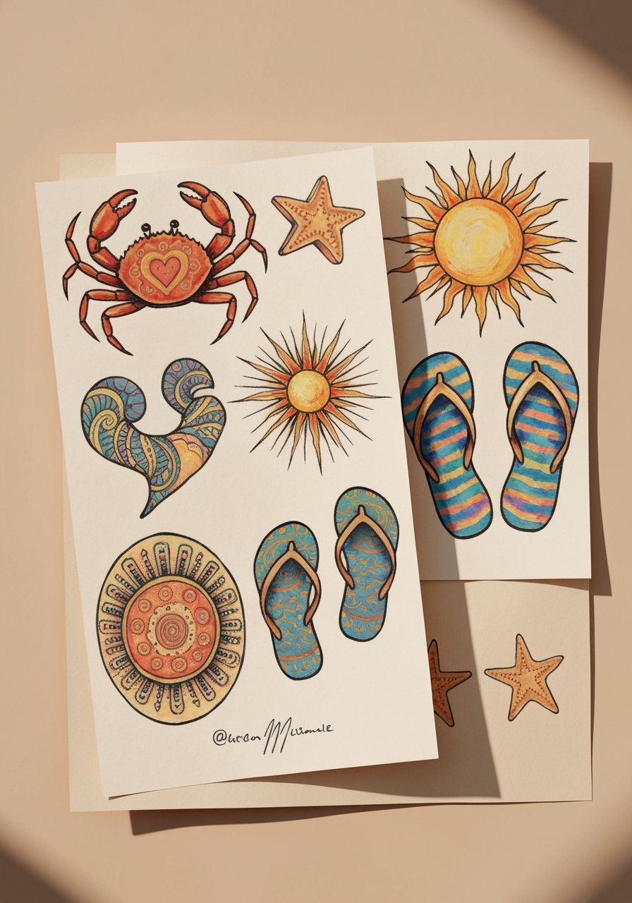 Beach Tattoo Flash Sheet in Neo-Impressionist Style