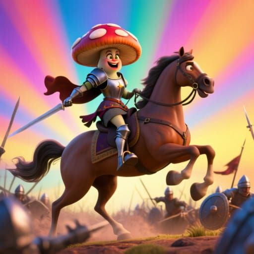 An anthropomorphic crazy female mushroom dressed as Joan of ...