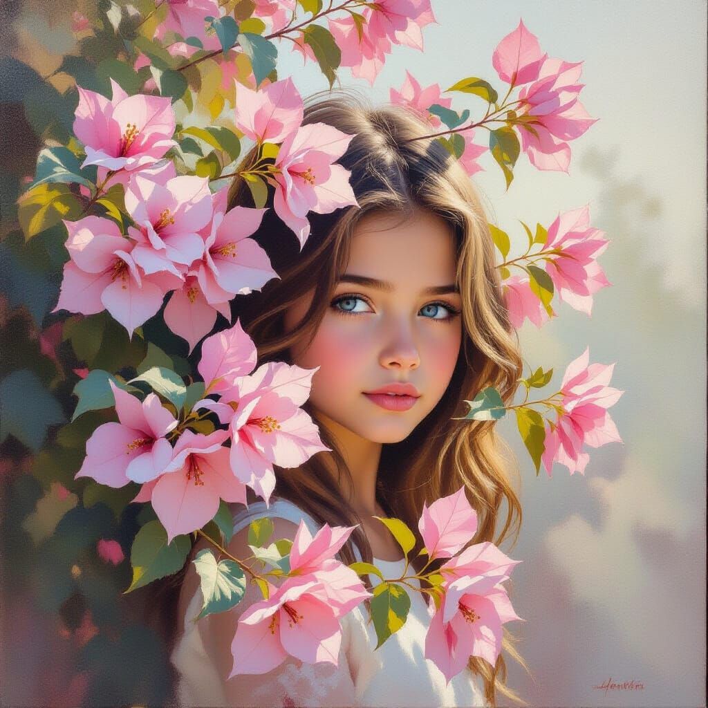 Bougainvillea Bush with Girl at Dawn, Oil Painting