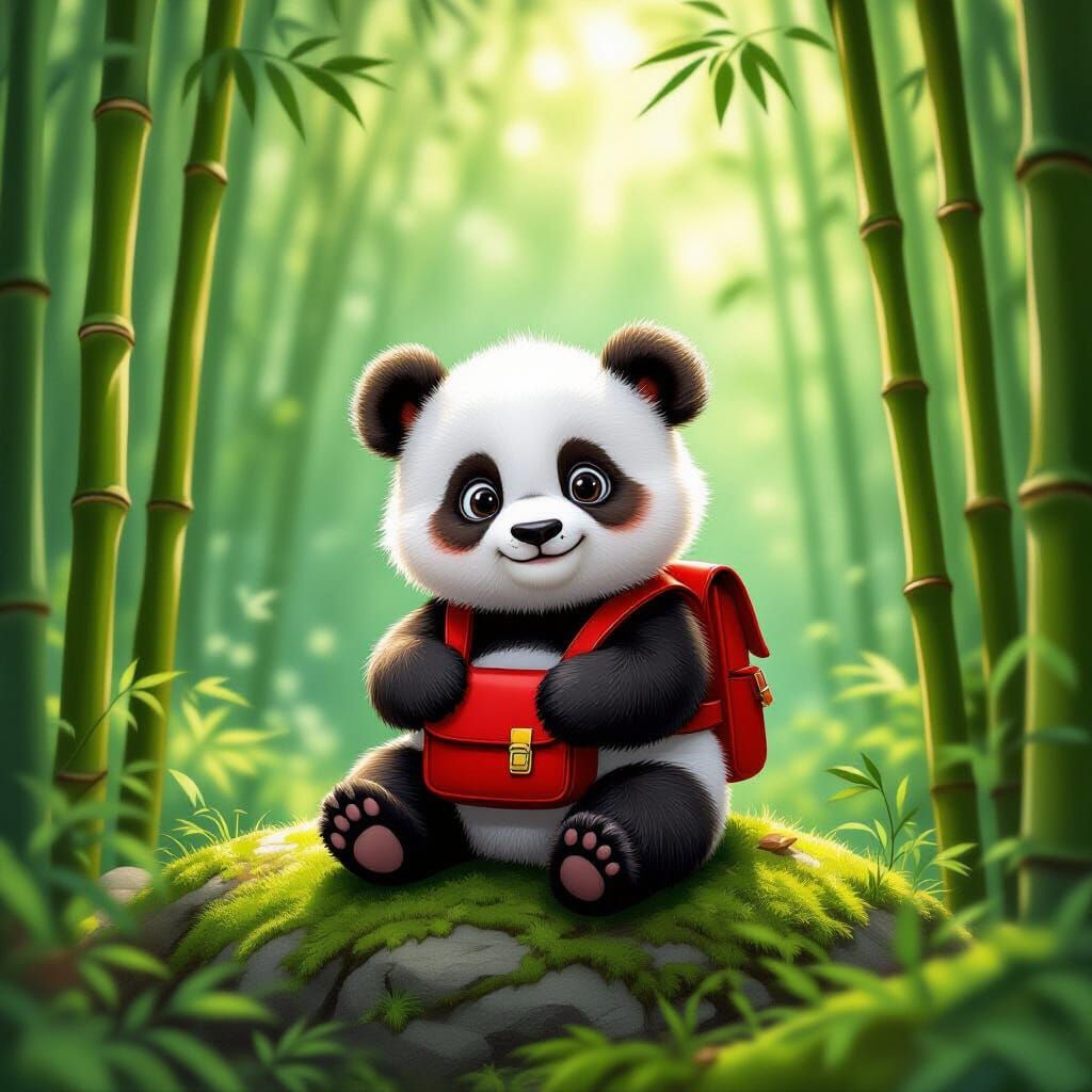 Cute Baby Panda in Bamboo Forest with School Bag