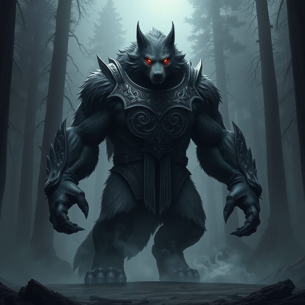 Wolf-Headed Creature in Misty Forest