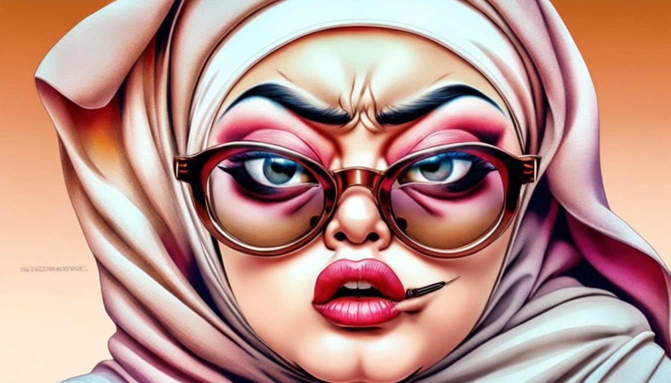 Vibrant Anime Goddess with Rainbow Hijab and Comically Disto...