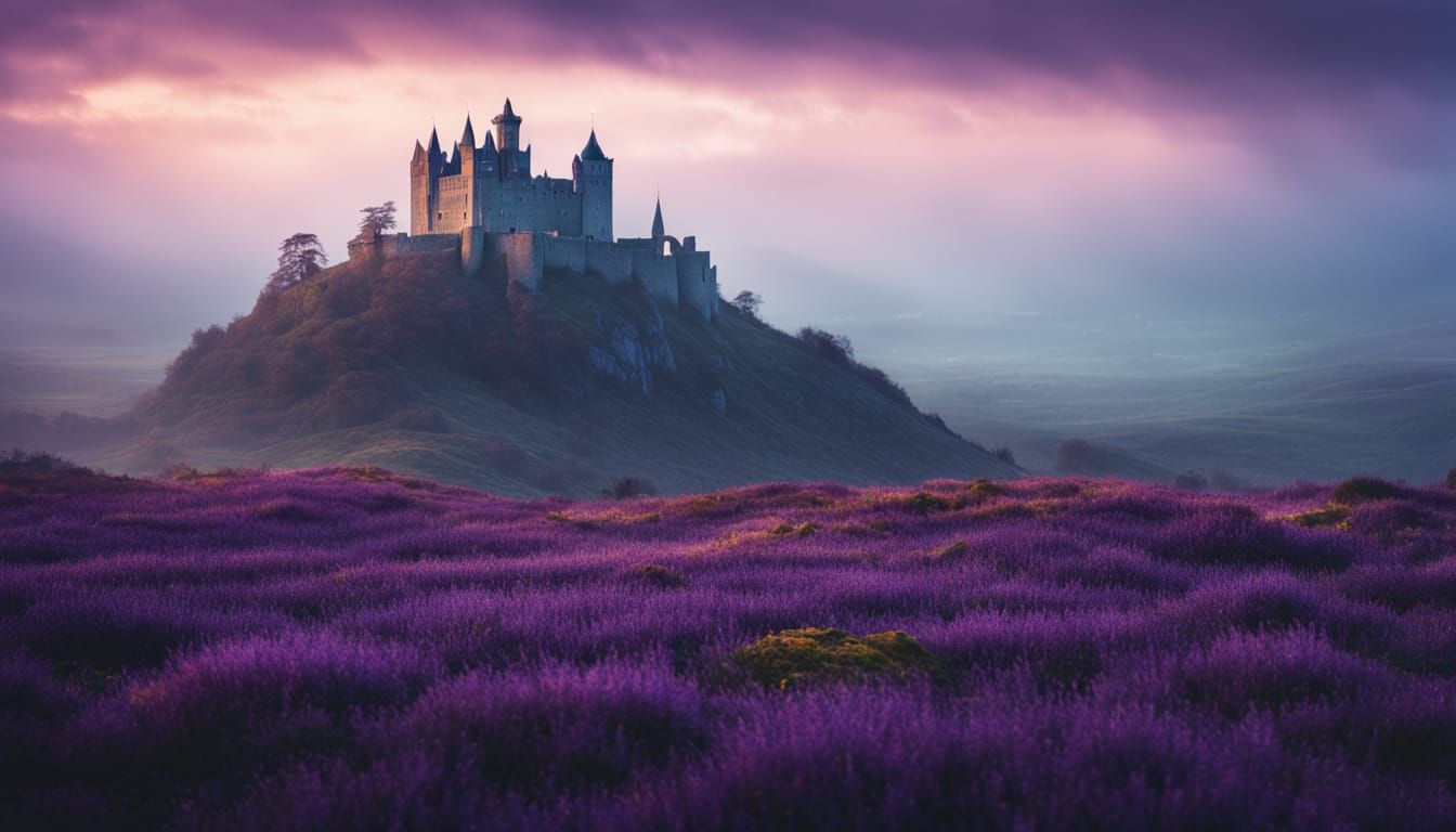 Misty Moorland Castle in Golden Light