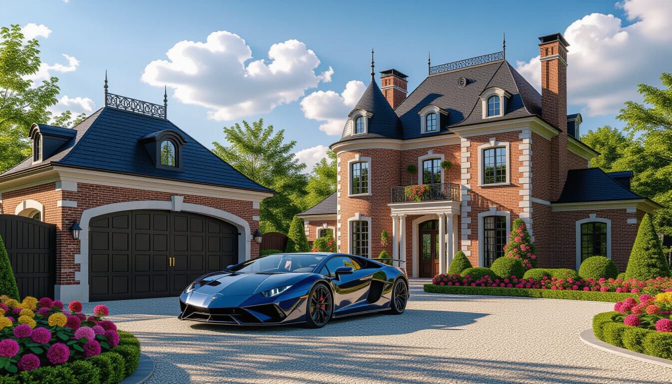 Grand Chateau with Lamborghini in Golden Hour Light