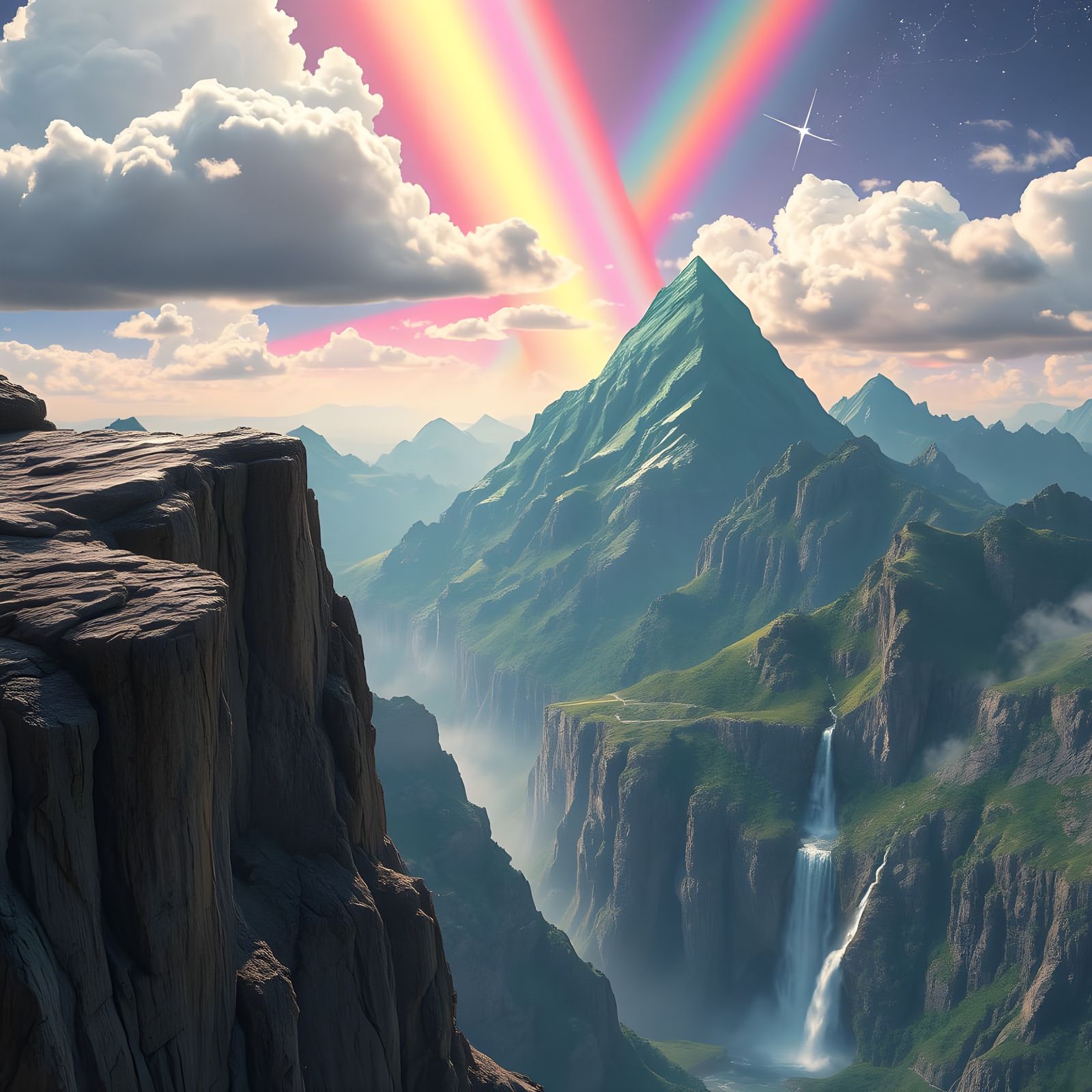 Futuristic Mountain Cliff with Rainbows and Neon Streaks
