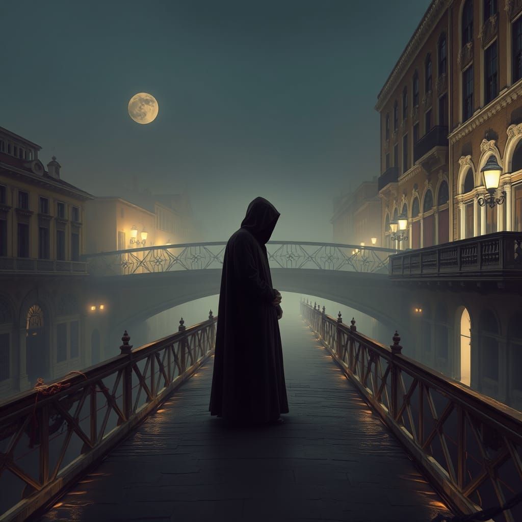 A lone, cloaked figure standing on a bridge in a retro-futur...
