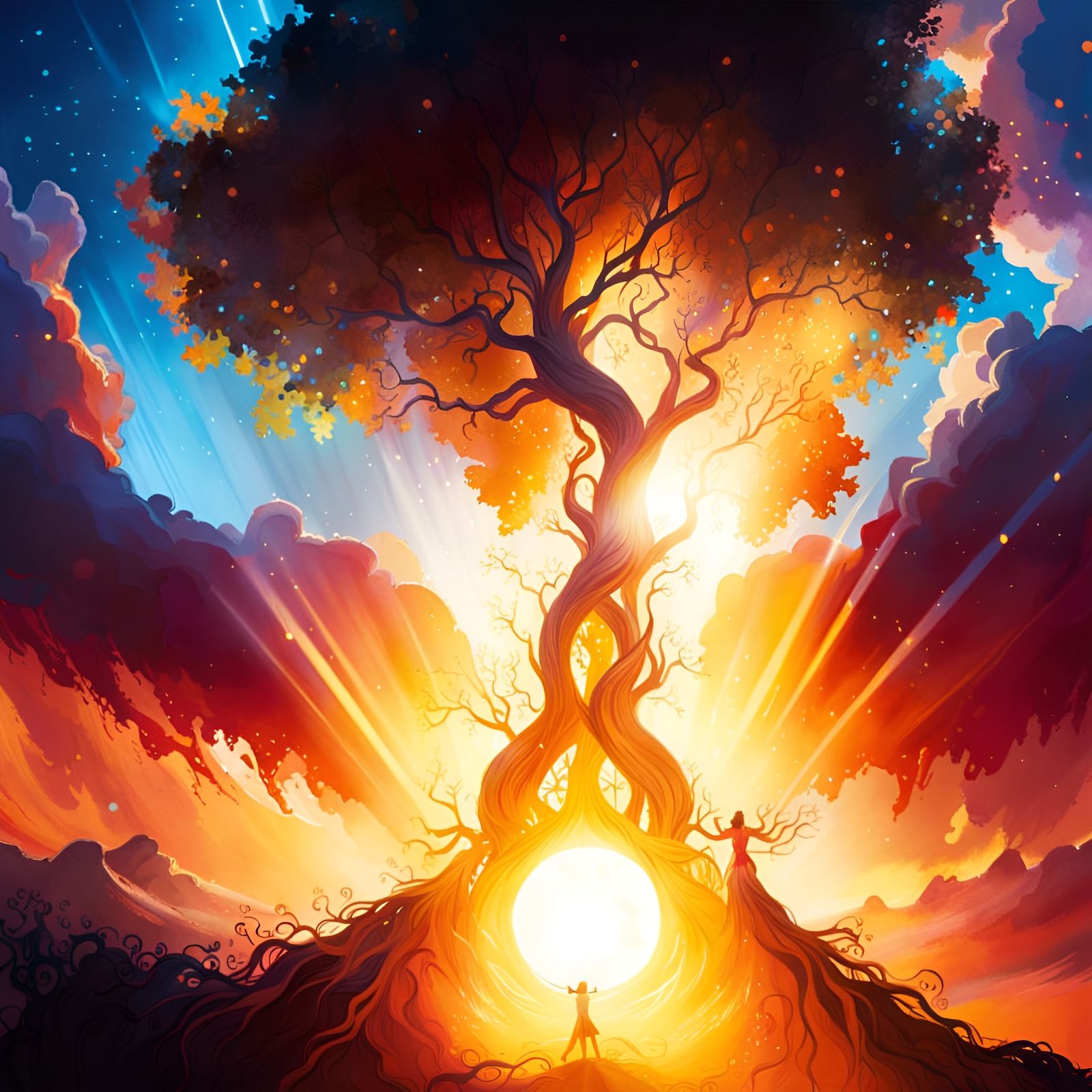 Magical Tree Eclipses Sun: Watercolor Art