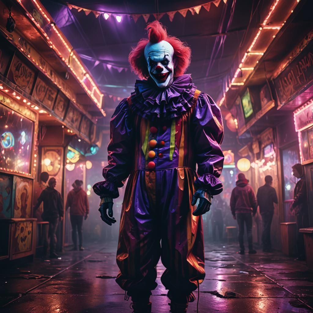Terrifying Clown in Carnival Funhouse: Horror Concept Art