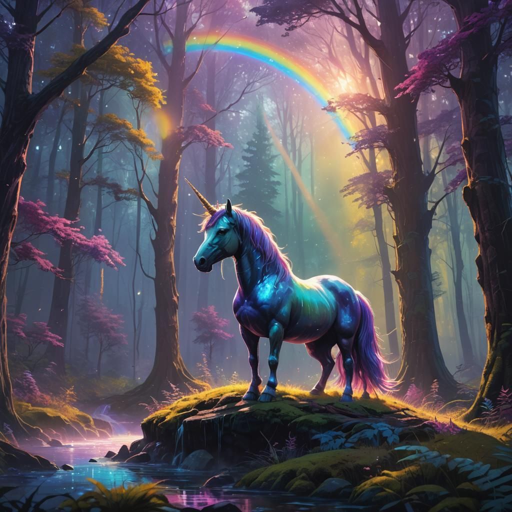 Unicorn on Rainbow in Mystical Forest